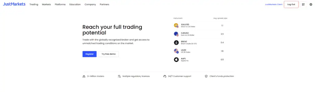 JustMarkets homepage screenshot